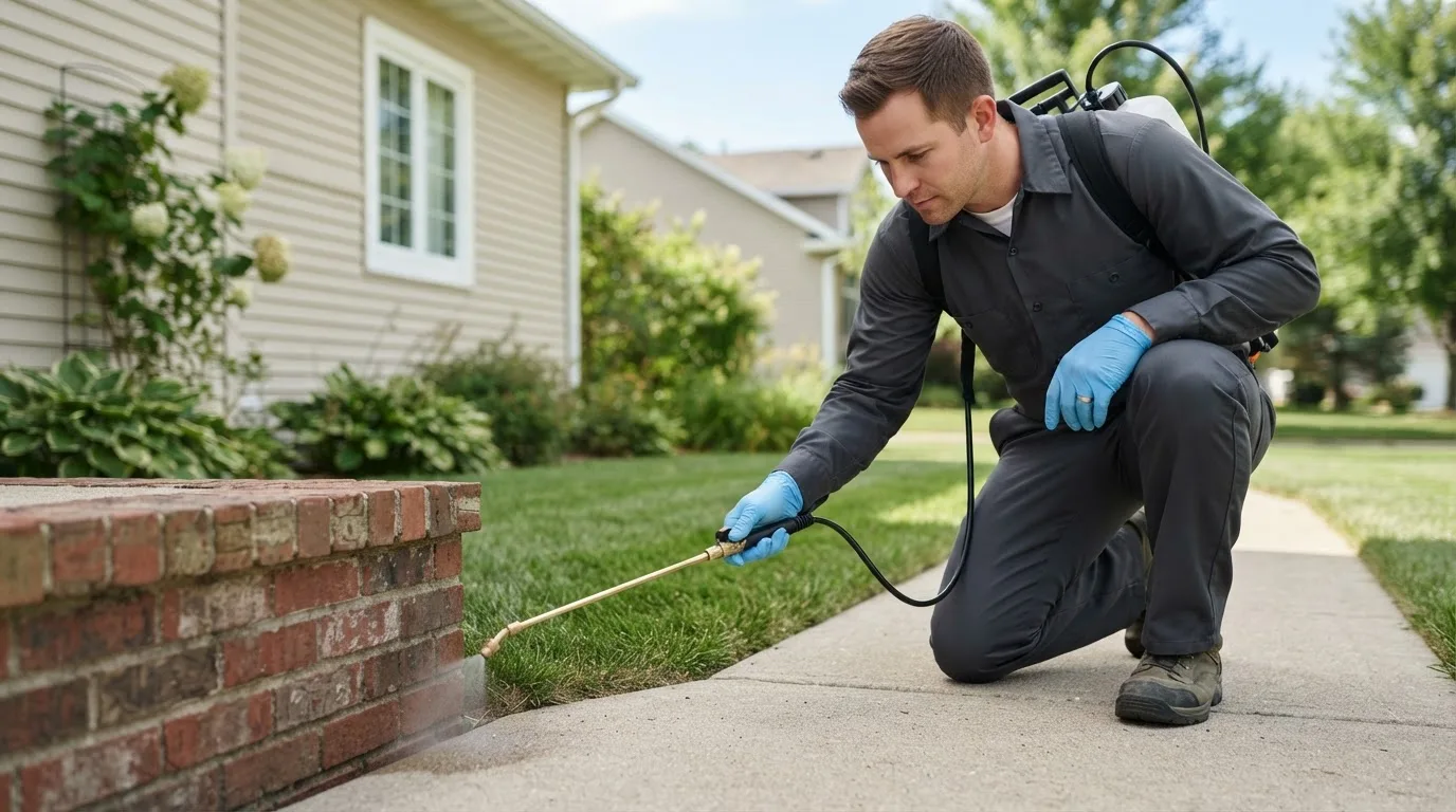Pest control technician treating a home near Avon, CT